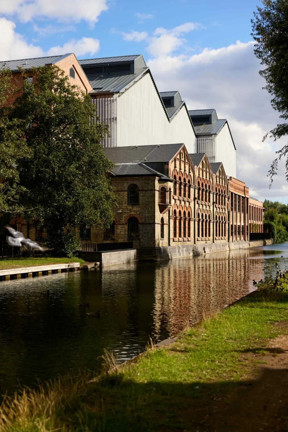 The redeveloped power station seen along the river, its brick wing in front of pale clad upper buildings, trees and grass on the bank